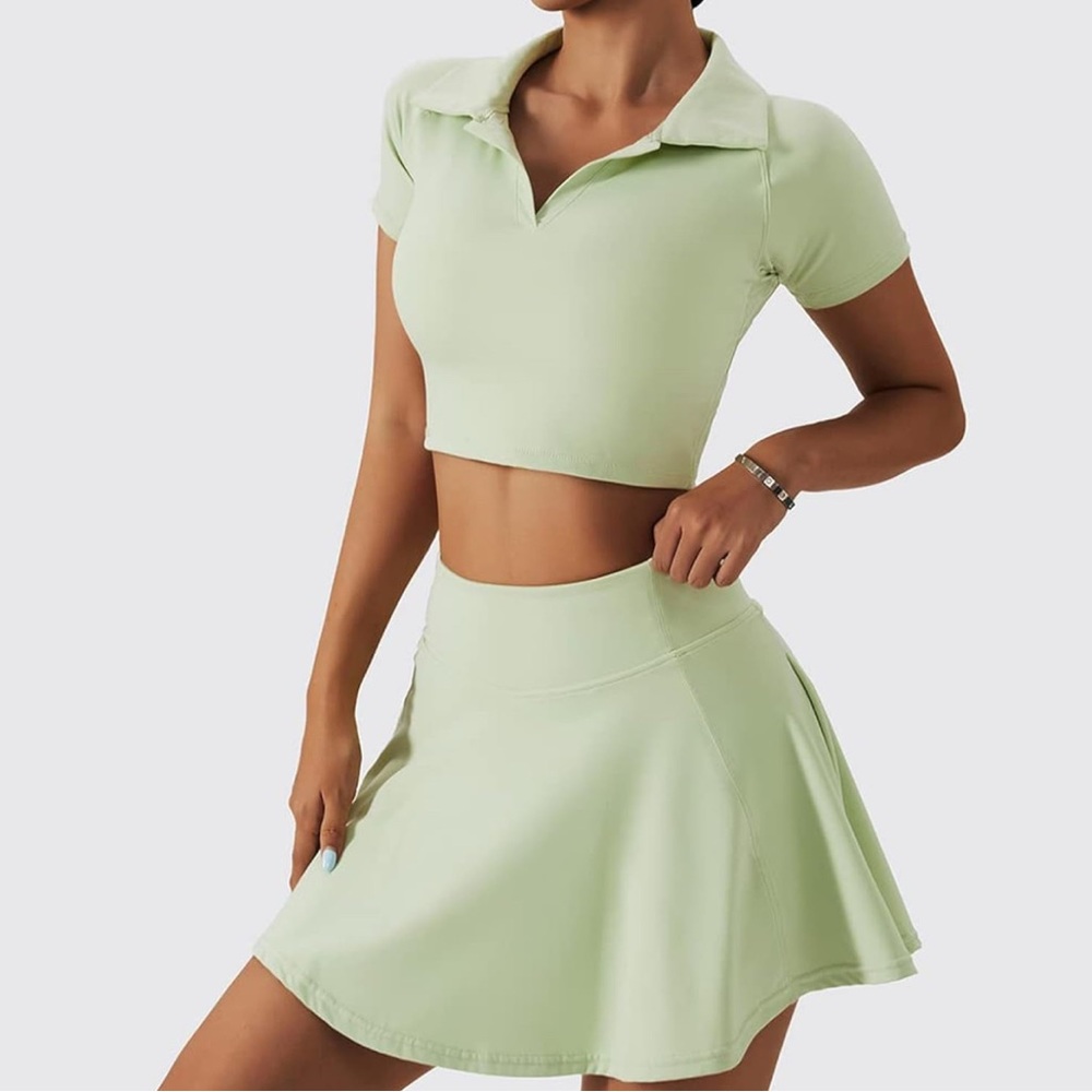 2 Piece Tennis Set High Waist Pleated Tennis Skirt Shorts Short Sleeve Crop Golf